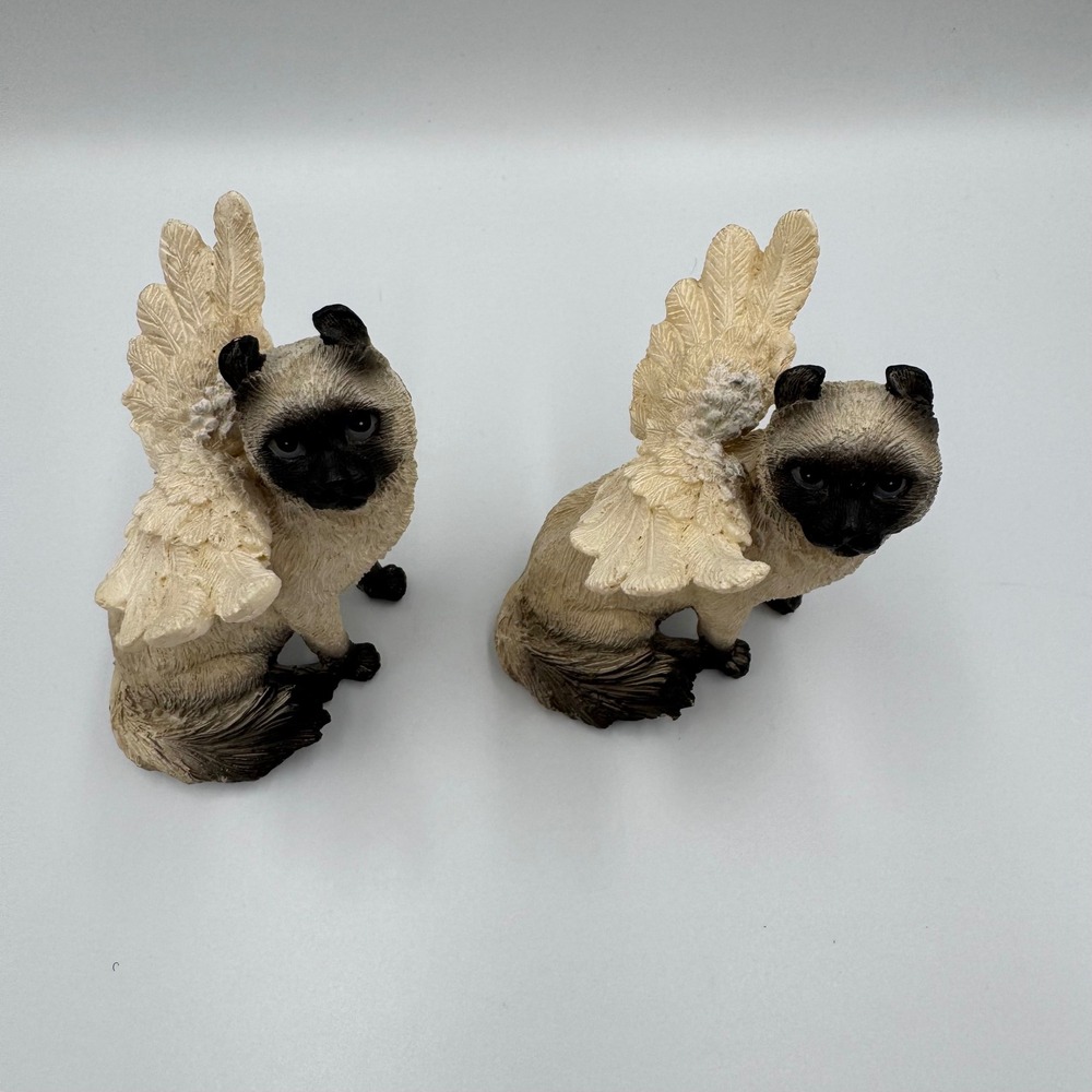 Siamese Cat Angel Figurines Set of 2 Tan Black Resin Memorial Decor - Picture 2 of 7
